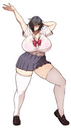 1girl arm_behind_head arm_up black_hair blush bow bra breasts brown_shoes collarbone collared_shirt full_body glasses hair_over_one_eye highres korotsuke large_breasts legs loafers looking_at_viewer nekura_anko nose_blush oddloop original pink_bra red_bow red_eyes shirt shoes short_hair simple_background skirt smile standing sweat thighhighs thighs underwear white_background white_shirt white_thighhighs
