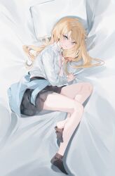 1girl absurdres ai_toka_koi_toka_kudaranai ankle_socks black_skirt black_socks blonde_hair blue_eyes breasts cleavage collared_shirt cover cover_image highres long_hair long_sleeves looking_at_viewer lying miwano_rag neck_ribbon novel_illustration official_art on_bed on_side red_ribbon ribbon school_uniform shirt shirt_tucked_in skirt smile socks solo white_shirt