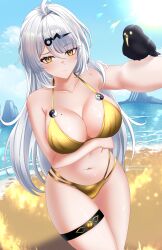 1girl absurdres ahoge alternate_costume arm_under_breasts bare_shoulders bikini bird black_bird blue_sky blush breasts cleavage collarbone commentary cowboy_shot day english_commentary gold_bikini grey_hair groin hair_ornament highres hollow_mimikyu large_breasts long_hair looking_at_viewer mole mole_on_breast navel outdoors single_hair_intake sky solo stomach swimsuit thigh_gap thigh_strap thighs yellow_eyes yi_xuan_(zenless_zone_zero) zenless_zone_zero