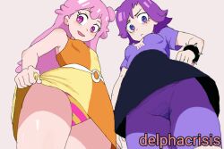 2girls ami_onuki belt bike_shorts black_skirt blush bracelet braid breasts cartoon_network delpha_crisis dress from_below hair_bun heart heart-shaped_pupils hi_hi_puffy_amiyumi jewelry long_hair looking_at_viewer looking_down multiple_girls open_mouth orange_dress panties pink_eyes pink_hair print_shirt purple_eyes purple_hair purple_shirt purple_shorts shirt short_hair short_sleeves shorts skirt skull_print sleeveless sleeveless_dress small_breasts smile spiked_bracelet spikes standing striped_clothes striped_panties symbol-shaped_pupils twin_braids underwear upskirt white_background white_belt yellow_panties yumi_yoshimura