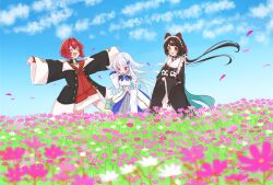 3girls 3znk :d ^_^ ange_katrina ange_katrina_(1st_costume) animal animal_ears animal_hair_ornament armband banken_(inui_toko) black_coat black_collar blue_armband blue_hair blue_neckerchief blue_sky blush breasts brown_hair brown_kimono buttons cardigan closed_eyes cloud coat collar colored_inner_hair commentary_request crossed_bangs day dog_ears double-breasted dress falling_petals field floating_hair flower flower_field frills furisode_sleeves grey_skirt hair_flower hair_intakes hair_ornament heterochromia high-waist_skirt highres holding holding_animal inui_toko inui_toko_(1st_costume) japanese_clothes kimono layered_skirt lize_helesta lize_helesta_(1st_costume) long_hair long_sleeves looking_down low_twintails maid_headdress multicolored_hair multiple_girls neckerchief nijisanji open_mouth outdoors outstretched_arms petals pink_flower pink_petals purple_eyes red_cardigan red_eyes red_hair sanbaka_(nijisanji) shirt short_dress short_hair shrug_(clothing) sidelocks skirt sky sleeves_past_wrists small_breasts smile spread_arms standing streaked_hair triangle_hair_ornament tucking_hair twintails two-tone_hair very_long_hair virtual_youtuber white_dress white_flower white_hair white_headdress white_shirt white_shrug white_skirt yellow_eyes