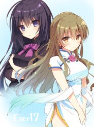 Rule 34 | 2girls, akanegasaki sora, black dress, black hair, bow, brown eyes, brown hair, china dress, chinese clothes, dress, ever 17, flower, highres, komachi tsugumi, long hair, multiple girls, natsuki marina, pelvic curtain, purple eyes, ribbon, rose, shawl, side slit, smile, very long hair