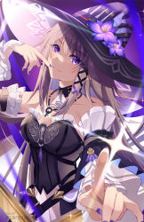 1girl bare_shoulders black_dress brown_hair detached_sleeves dress flower hat hat_flower herta_(honkai:_star_rail) highres honkai:_star_rail honkai_(series) jewelry k-rumi key key_necklace long_hair looking_at_viewer necklace purple_eyes purple_flower purple_nails smile solo strapless strapless_dress the_herta_(honkai:_star_rail) witch_hat