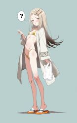 1girl ? bag bikini blush brown_eyes brown_hair coat flat_chest from_side full_body gakuen_idolmaster gold_bikini grey_coat highres holding holding_bag idolmaster long_hair long_sleeves looking_at_viewer looking_to_the_side miyabikawa_sakura navel open_clothes open_coat open_mouth shinosawa_hiro solo spoken_question_mark standing stomach swimsuit wide_sleeves