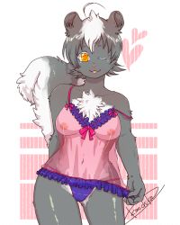 1girl artist_request black_hair breasts female_focus furry furry_female multicolored_hair nipples orange_eyes panties short_hair skunk solo tongue underwear white_background white_hair