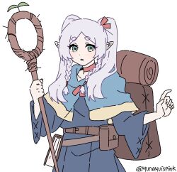 Rule 34 | 1girl, alternate costume, artist name, backpack, bag, belt pouch, blue capelet, blue robe, book, braid, capelet, choker, cosplay, dungeon meshi, elf, frieren, green eyes, grey hair, hair ribbon, holding, holding staff, marcille donato, marcille donato (cosplay), pointy ears, pouch, red choker, red ribbon, ribbon, robe, season connection, simple background, solo, sousou no frieren, staff, twin braids, twintails, white background, yunayuispink