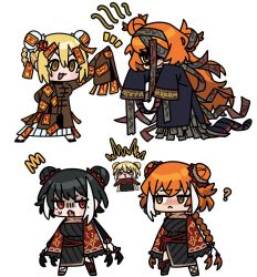 Rule 34 | 3girls, :3, angellyuna, black dress, blonde hair, braid, chibi, don quixote (project moon), double bun, dress, e.g.o (project moon), family hierarch candidate (identity) (project moon), full body, hair bun, hundred-footed death maggot (e.g.o), ishmael (project moon), jia xichun (project moon), limbus company, long hair, low twin braids, multiple girls, open mouth, orange hair, project moon, red sheet (e.g.o), red shrug, short hair, sidelocks, simple background, smile, twin braids, very long hair, white background, yellow eyes