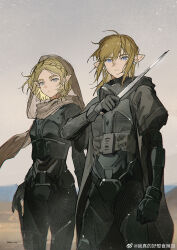 1boy 1girl akihare black_bodysuit black_gloves blue_eyes bodysuit braid breasts chani cowboy_shot crown_braid derivative_work desert dune:_part_two dune_(series) earrings gloves green_eyes hair_between_eyes headscarf highres holding holding_knife holding_weapon jewelry knife link looking_at_viewer medium_breasts medium_hair nintendo parted_bangs paul_atreides pointy_ears ponytail princess_zelda short_hair sidelocks stillsuit the_legend_of_zelda the_legend_of_zelda:_tears_of_the_kingdom weapon