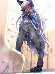 1girl animal_ear_fluff animal_ears black_gloves black_pantyhose black_shoes blue_shirt blurry blurry_background blush bow bow_panties character_request clothes_lift crying crying_with_eyes_open female_focus from_below gloves grey_skirt highres indoors kemono_friends lifting_own_clothes long_hair long_sleeves navel open_mouth panties pantyhose pee pee_stain peeing peeing_self pleated_skirt public_restroom shirt shoes sidelocks skirt skirt_lift solo soon_(c-u-soon) standing tail tears teeth thighs tongue underwear upper_teeth_only urinal variant_set very_long_hair water_drop white_hair white_panties wolf_ears wolf_girl wolf_tail yellow_eyes