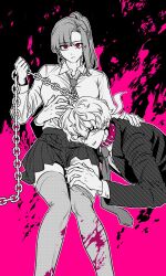 1boy 1girl animal_collar belt_collar blazer blood blood_on_leg blood_splatter braid chain chain_leash chidouin_sara closed_mouth collar collared_shirt formal_clothes half_up_braid hand_on_another&#039;s_chest hand_on_another&#039;s_shoulder hand_on_another&#039;s_thigh highres holding holding_leash jacket kimi_ga_shine leash long_hair long_sleeves looking_at_viewer midori_(kimi_ga_shine) necktie open_collar open_mouth parted_bangs pink_blood pink_collar pink_eyes pleated_skirt plz_zukzima ponytail rattail school_uniform serious shirt short_hair single_sidelock skirt smile spot_color suit thighhighs wing_collar zettai_ryouiki