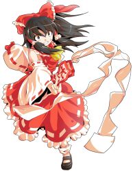 1girl alphes_(style) ascot between_fingers black_eyes black_hair black_shoes bow clenched_teeth commentary_request dairi detached_sleeves dress full_body gohei hair_bow hair_tubes hakurei_reimu holding large_variant_set long_sleeves ofuda parody red_bow red_dress shoes socks solo style_parody sweatdrop tachi-e teeth touhou transparent_background variant_set white_socks wide_sleeves