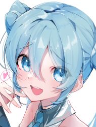 Rule 34 | 1girl, absurdres, aqua eyes, aqua hair, aqua necktie, bare shoulders, blue eyes, blue hair, blush, close-up, collared shirt, grey shirt, hair between eyes, hatsune miku, heart, highres, ketyara, looking to the side, looking up, necktie, open mouth, shirt, sleeveless, smile, solo, vocaloid, white background