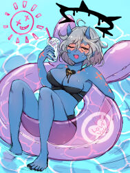 Rule 34 | 1girl, bare shoulders, bikini, black bikini, black halo, blue skin, breasts, chemaru (a8l), chest tattoo, colored skin, commentary request, cup, english text, genderswap, genderswap (mtf), grey hair, guilty gear, halo, happy chaos, heart, highres, holding, holding cup, horns, large breasts, one eye closed, open mouth, relaxing, short hair, solo, sun, swim ring, swimsuit, tattoo, water