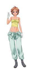 Rule 34 | 1girl, blue eyes, boots, breasts, brown hair, cleavage, complets, gloves, lowres, medium breasts, midriff, navel, neko (the guts!), pants, short hair, solo, strapless top, tan, tank top, tanline, the guts! -maximum maternity-, waving arm