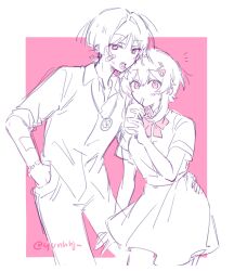 1boy 1girl alternate_costume arms_at_sides bandaid bandaid_on_cheek bandaid_on_face blouse blunt_ends border bow bowtie bracelet collarbone collared_shirt contemporary cup disposable_cup drinking drinking_straw genshin_impact greyscale hair_between_eyes hair_intakes hair_ornament hairclip hand_in_pocket hand_on_another&#039;s_hip highres holding holding_cup jewelry large_bow looking_at_viewer lumine_(genshin_impact) medallion monochrome notice_lines open_mouth pants pink_background pink_eyes scaramouche_(genshin_impact) school_uniform shirt short_hair short_hair_with_long_locks short_sleeves sidelocks sketch skirt sleeves_rolled_up spot_color teeth tsurime twitter_username white_border wispy_bangs yunhhj