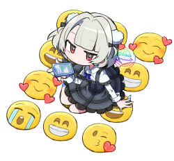1girl bad_tag blue_dress blue_ribbon blue_socks bow capelet cellphone chat_log child closed_mouth crying_emoji dress emoji frilled_capelet frilled_dress frills hair_bow hair_intakes hair_ornament heart holding jitome looking_at_viewer o_henji_madakana_ojisan_koubun_(voisona) phone pinafore_dress pinstripe_pattern pinstripe_skirt pom_pom_(clothes) pom_pom_hair_ornament ribbon scythe-of-petals serious shirt short_hair simple_background sitting skirt sleeveless sleeveless_dress smartphone socks solo suspender_skirt suspenders two_side_up ui_(voisona) voisona white_background white_capelet white_hair white_shirt