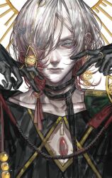 Rule 34 | 1boy, absurdres, blue eyes, chest jewel, damabengba, earrings, eyeshadow, eyeshadow under eye, fate/grand order, fate (series), gradient hair, hair ornament, hair over one eye, highres, jewelry, karna (fgo fes. 2025) (fate), looking at viewer, makeup, male focus, medium hair, multicolored hair, pale skin, red eyeshadow, red hair, ring, solo, upper body, white hair