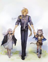 1boy 2girls absurdres aged_down ahoge animal_ears animal_hood black_jacket black_shoes blonde_hair blue_eyes brown_dress brown_hood cat_ears cat_girl cat_hood cat_tail cipher_(honkai:_star_rail) commentary dress english_commentary grey_necktie grey_shirt grey_shoes highres holding_hands honkai:_star_rail honkai_(series) hood hugo_vlad jacket long_hair mihoyo multiple_girls necktie peachmilkteay pointy_ears purple_hair rags red_eyes sandals shirt shoes tail twitter_username vivian_banshee white_dress zenless_zone_zero