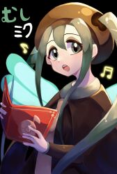 1girl absurdres black_background book brown_hat bug_miku_(project_voltage) grey_eyes grey_hair hair_between_eyes hat hatsune_miku highres holding holding_book long_hair long_sleeves looking_at_viewer music musical_note nintendo official_alternate_costume official_alternate_hairstyle open_mouth poke_ball_symbol pokemon project_voltage simple_background singing solo tegitsune vocaloid