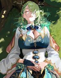 1girl antlers braid branch breasts bridal_gauntlets ceres_fauna cleavage closed_eyes closed_mouth dress earrings flower from_above grass green_hair green_nails hair_branch hair_flower hair_ornament hashtag-only_commentary highres hintobento hololive hololive_english horns jewelry large_breasts long_hair lying mole mole_under_eye on_back parted_bangs side_braid solo tree tree_horns virtual_youtuber white_dress wide_sleeves