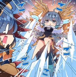 0_0 2girls absurdres arzuros bare_legs barefoot black_one-piece_swimsuit blue_hair blush breasts character_request chibi commentary_request covered_navel flying_sweatdrops fur-trimmed_jacket fur_trim grey_eyes grey_hair grey_jacket highres ice jacket large_breasts long_sleeves milkpanda monster_hunter_(series) multiple_girls old_school_swimsuit one-piece_swimsuit open_clothes open_jacket open_mouth personification scarf school_swimsuit short_eyebrows sweat swimsuit teardrop thick_eyebrows translation_request white_scarf