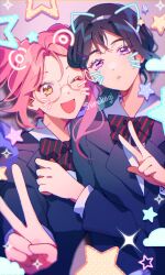 2girls ;d alien_stage black_bow black_bowtie black_hair black_jacket bow bowtie collared_shirt commentary diagonal-striped_bow diagonal-striped_bowtie diagonal-striped_clothes drawn_ears drawn_whiskers english_commentary jacket low_ponytail mizi_(alien_stage) multiple_girls official_alternate_costume one_eye_closed open_mouth orri_(iirokagi) pink_hair ponytail riichuuba school_uniform shirt smile star_(symbol) striped_clothes sua_(alien_stage) twintails v white_shirt