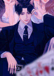 1boy 2girls absurdres aegyo_sal animal_ears black_eyes black_hair black_jacket black_necktie black_suit black_vest brown_hair card cat_boy cat_ears closed_mouth earrings faceless formal_clothes highres holding holding_card jacket jewelry lips long_hair looking_at_viewer male_focus multiple_girls necktie original parted_bangs pov ring shirt short_hair suit suit_jacket tie_clip toscana20460423 upper_body vest white_shirt