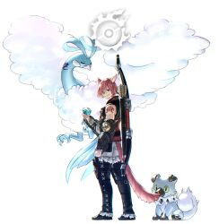 1boy altaria alternate_color animal_ears arm_tattoo black_boots boots bow_(weapon) braid braided_ponytail cat_boy cat_ears cat_tail clenched_hand commentary creatures_(company) crossover facial_mark final_fantasy final_fantasy_xiv from_behind fur-trimmed_boots fur_trim g&#039;raha_tia game_freak gen_3_pokemon gen_7_pokemon green_eyes grin heterochromia highres holding holding_poke_ball jacket looking_at_viewer looking_back low_ponytail male_focus miqo&#039;te neck_tattoo nintendo pants poke_ball pokemon pokemon_(creature) ponytail potion_lilac quiver red_eyes red_hair rockruff shiny_pokemon short_hair short_ponytail simple_background single_braid smile solo standing swept_bangs tail tattoo thigh_boots vambraces weapon weapon_on_back white_background white_pants