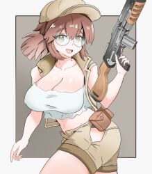 1girl :d baseball_cap black_panties border breasts brown_background brown_eyes brown_hair cleavage collarbone covered_erect_nipples cowboy_shot crop_top female_focus fio_germi glasses gun hat hatzuhatzu highres hip_vent holding holding_weapon large_breasts looking_at_viewer matching_hair/eyes medium_hair metal_slug midriff navel open_mouth panties panty_peek ponytail pouch revealing_clothes rifle round_eyewear shirt shorts sidelocks smile snk solo teeth thighs unbuttoned underwear upper_teeth_only vest weapon white_shirt
