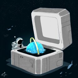 1other absurdres astronaut backpack bag box fish helmet highres kazunoko_(kazunoko_zunoco) mini_person original planet planetary_ring radio_antenna ring_box signature solo space space_helmet