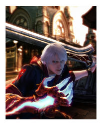 3d absurdres blue_eyes capcom coat concept_art devil_bringer devil_may_cry devil_may_cry_(series) devil_may_cry_4 dual_persona gloves highres male_focus nero_(devil_may_cry) official_art red_queen_(sword) sword tatsuya_yoshikawa trench_coat weapon white_hair