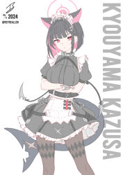 1girl absurdres animal_ears apron arms_under_breasts belt black_belt black_dress black_hair blue_archive blunt_bangs blunt_ends bob_cut breasts bright_pupils brown_pantyhose cat_ears cat_girl character_name closed_mouth colored_inner_hair commentary cosplay dress ellen_joe ellen_joe_(cosplay) english_commentary extra_ears eyelashes fake_tail feet_out_of_frame fins fish_tail frilled_apron frilled_dress frills frown hair_behind_ear hair_intakes halo highres kazusa_(blue_archive) large_breasts looking_at_viewer maid maid_apron maid_headdress multicolored_hair pantyhose pink_hair pink_halo puffy_short_sleeves puffy_sleeves realen red_eyes scar scar_on_tail shark_tail short_hair short_sleeves signature simple_background solo spiked_headband standing straight_hair tail twitter_username two-tone_hair white_apron white_background zenless_zone_zero