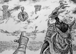 1girl 1other absurdres chronozbergh dragon dragon_communion_priestess dragon_girl dragon_horns dragon_wings dragonlord_placidusax elden_ring floating gameplay_mechanics gauntlets greyscale highres horns looking_at_viewer monochrome multiple_heads pointing pov pov_hands shoulder_spikes spikes tarnished_(elden_ring) wings