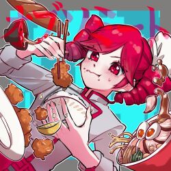1girl blush bowl buttons char-siu chicken_(food) chopsticks drill_hair flat_chest food food_on_face fried_chicken fruit grey_shirt hat hoei holding holding_bowl kasane_teto kasane_teto_(sv) lemon lemon_slice meat noodles obsolete_meat_(vocaloid) parted_bangs plate ramen red_eyes red_hair red_trim seaweed shirt sleeves_rolled_up softboiled_egg solo soup sweatdrop synthesizer_v twin_drills utau white_hat