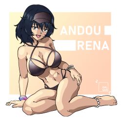 1girl andou_(girls_und_panzer) bikini black_bikini black_hair breasts brown_eyes character_name girls_und_panzer hal_san large_breasts looking_at_viewer navel open_mouth short_hair simple_background solo swimsuit