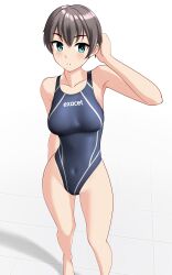 1girl absurdres black_hair black_one-piece_swimsuit blue_eyes breasts commentary_request competition_swimsuit covered_navel feet_out_of_frame groin highleg highleg_one-piece_swimsuit highres medium_breasts multicolored_swimsuit one-piece_swimsuit original short_hair simple_background solo swimsuit takafumi tile_floor tiles tomboy variant_set white_background