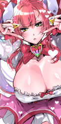 Rule 34 | 1girl, absurdres, bow, bowtie, breasts, cleavage, cowboy shot, dress, fingers to cheeks, green eyes, hair ornament, hair ribbon, heart, heart-shaped ornament, highres, large breasts, long hair, looking at viewer, magical girl, mahjong fight girl, masahiro eto, mitsumoto dia, mole, mole under eye, out of frame, pink bow, pink bowtie, pink hair, pink skirt, ribbon, shiny skin, skirt, twintails, v-shaped eyebrows, white dress, white ribbon