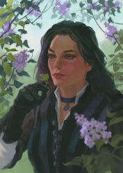 1girl black_choker black_gloves black_hair choker flower gloves highres holding holding_leaf leaf lilac long_hair lyubava_blagodarnaya purple_eyes purple_flower solo the_witcher_(series) the_witcher_3 yennefer_of_vengerberg
