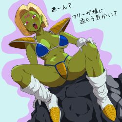 1girl android_18 armor bikini_armor blonde_hair blue_eyes blunt_bangs boots bra breasts colored_skin corruption dragon_ball dragon_ball_(classic) earrings epaulettes facial_mark forehead forehead_mark gloves green_skin highres jewelry large_breasts looking_at_viewer midriff military_uniform mind_control panties pink_eyes short_hair sitting spread_legs tonbi_(enbitonbi) tongue tongue_out underwear white_gloves