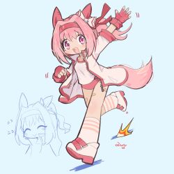Rule 34 | 1girl, ^ ^, animal ears, arm up, blue background, bow, breasts, buruma, ceroro, closed eyes, closed mouth, commentary, english commentary, full body, hair bow, hair intakes, haru urara (umamusume), headband, highres, horse ears, horse girl, horse tail, jacket, multiple views, no nose, open clothes, open jacket, open mouth, pink eyes, pink hair, ponytail, red buruma, red headband, red trim, running, shirt, shoes, small breasts, smile, socks, sweat, tail, tareme, umamusume, white bow, white jacket, white shirt, white shoes, white socks, zipper, zipper pull tab