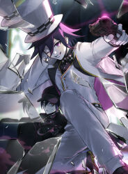 Rule 34 | 2boys, black hat, bow, bowtie, broken glass, checkered bow, checkered bowtie, checkered clothes, collared shirt, commentary request, cowboy shot, cuffs, danganronpa (series), danganronpa v3: killing harmony, formal clothes, glass, gloves, grin, gun, handcuffs, hat, holding, holding gun, holding weapon, jacket, long sleeves, looking at viewer, male focus, medium hair, multiple boys, oma kokichi, on one knee, one eye closed, open clothes, open jacket, pants, partial commentary, phantom thief, purple eyes, purple hair, reflection, saihara shuichi, shattered, shirt, smile, suit, sweatdrop, teeth, top hat, upape38, weapon, white gloves, white hat, white pants, white suit, yellow eyes