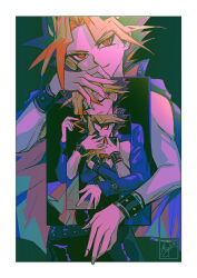 1boy bare_shoulders black_background black_hair black_shirt blonde_hair blue_jacket border derivative_work highres holding jacket jacket_on_shoulders male_focus medium_hair miyukiko multicolored_hair muto_yugi purple_hair red_eyes shirt simple_background solo spiked_hair tongari_boushi_no_atelier white_border yami_yugi yu-gi-oh! yu-gi-oh!_duel_monsters