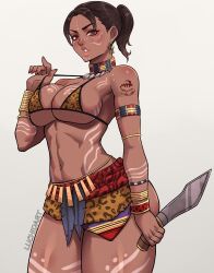1girl animal_print arm_tattoo armlet body_markings bracelet breasts brown_eyes brown_hair combat_knife dark-skinned_female dark_skin earrings holding holding_knife jewelry knife large_breasts leopard_print luchidart navel ponytail resident_evil resident_evil_5 sheva_alomar short_hair solo tattoo tribal weapon
