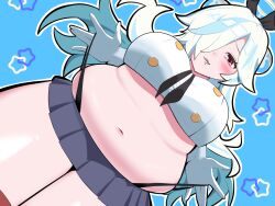 1girl black_panties blue_background blush breasts buttons commentary_request cosplay cowboy_shot crop_top doubliel elbow_gloves fat fat_woman gloves highleg highleg_panties highres kantai_collection large_breasts long_hair looking_at_viewer mahjong_fight_girl miniskirt navel open_mouth panties pink_eyes shimakaze_(kancolle) shimakaze_(kancolle)_(cosplay) skirt solo star_(symbol) star_symbol_background strap_pull takakuma_koiru underwear white_gloves white_hair