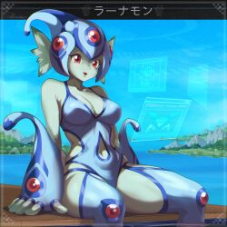1girl arm_support bare_shoulders blue_gloves blue_leggings blue_one-piece_swimsuit blue_sky breasts character_name cleavage clothing_cutout collarbone colored_skin commentary cowboy_shot day dclaret detached_leggings digimon digimon_(creature) english_commentary fang fingerless_gloves fins gloves green_skin head_fins highres holographic_monitor kuramon lake leggings medium_breasts monster_girl navel navel_cutout one-piece_swimsuit open_mouth outdoors ranamon red_eyes shutumon side_cutout sitting sky soaking_feet solo swimsuit twitter_username water