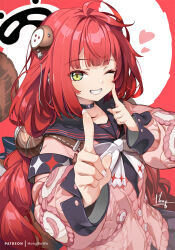 1girl black_sailor_collar black_skirt braid breasts choker commentary green_eyes grin hat highres hong_(white_spider) layered_skirt long_hair long_sleeves looking_at_viewer medium_breasts one_eye_closed peaked_cap pink_sweater red_hair sailor_collar school_uniform skirt smile solo sweater twin_braids ukinami_yuzuha zenless_zone_zero