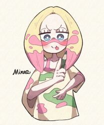 Rule 34 | 1girl, 2525dao, blue eyes, blush, bright pupils, chibi, collarbone, colored pencil, cropped torso, facing viewer, half-closed eyes, holding, holding pencil, looking down, mina (pokemon), nintendo, oversized clothes, paint in hair, paint splatter, paint splatter on face, pencil, pokemon, pokemon sm, shirt, smile, solo, t-shirt, tank top, tongue, tongue out, yellow background