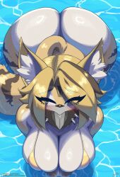 1girl animal_ear_fluff animal_ears ass bikini black_mask blonde_hair breasts curvy green_eyes highres huge_ass in_water lyorenth pulchra_fellini shy solo swimsuit tail thick_thighs thighs yellow_fur
