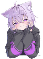 Rule 34 | 1girl, absurdres, ai (u e o o), animal ear fluff, animal ears, arm support, black hoodie, breasts, cat ears, cat girl, fang, fang out, hair between eyes, hands on own cheeks, hands on own face, head rest, highres, hololive, hood, hood down, hoodie, long sleeves, looking at viewer, nekomata okayu, purple eyes, purple hair, short hair, signature, simple background, sleeves past wrists, slit pupils, smile, virtual youtuber, white background