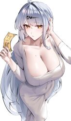 1girl absurdres ahoge alternate_costume blunt_bangs blush breasts cleavage closed_mouth collarbone commentary_request covered_navel dongtan_dress dress feet_out_of_frame from_above grey_dress grey_hair hair_between_eyes hair_ornament hairclip hands_up highres holding holding_ofuda large_breasts long_hair long_sleeves looking_at_viewer meme_attire mole mole_on_breast ofuda pencil_dress simple_background solo standing tight_clothes tight_dress translation_request tucking_hair very_long_hair white_background yellow_eyes yixuan_(zenless_zone_zero) zenless_zone_zero zhenhi_(jinil_0611)